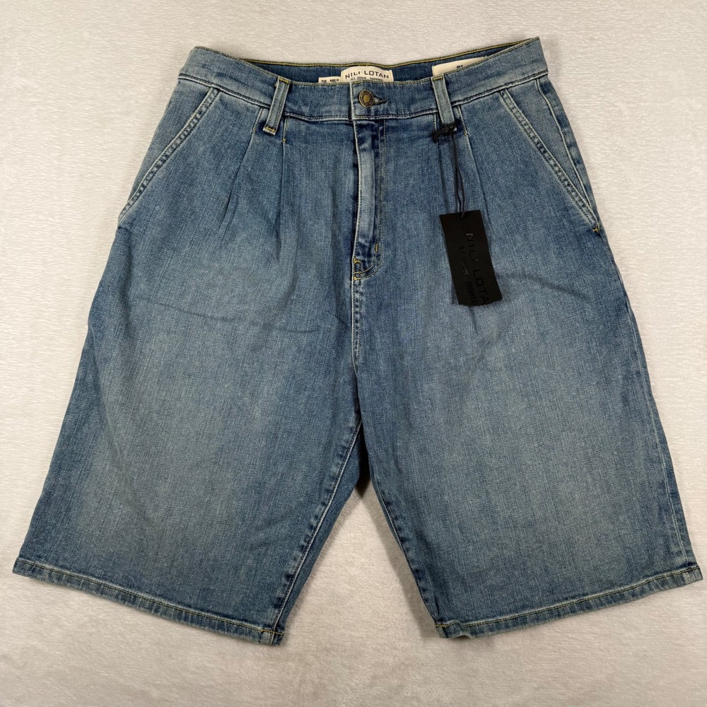 Nili Lotan Julie Pleated Denim Shorts 29 Faded Wash Blue 11625W45 Made in USA
